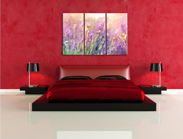Pixxprint Schmetterlinge auf Lavendelblumen als Leinwandbild/Grösse: 3 Teilig (120x80 cm) cm/Wandbil