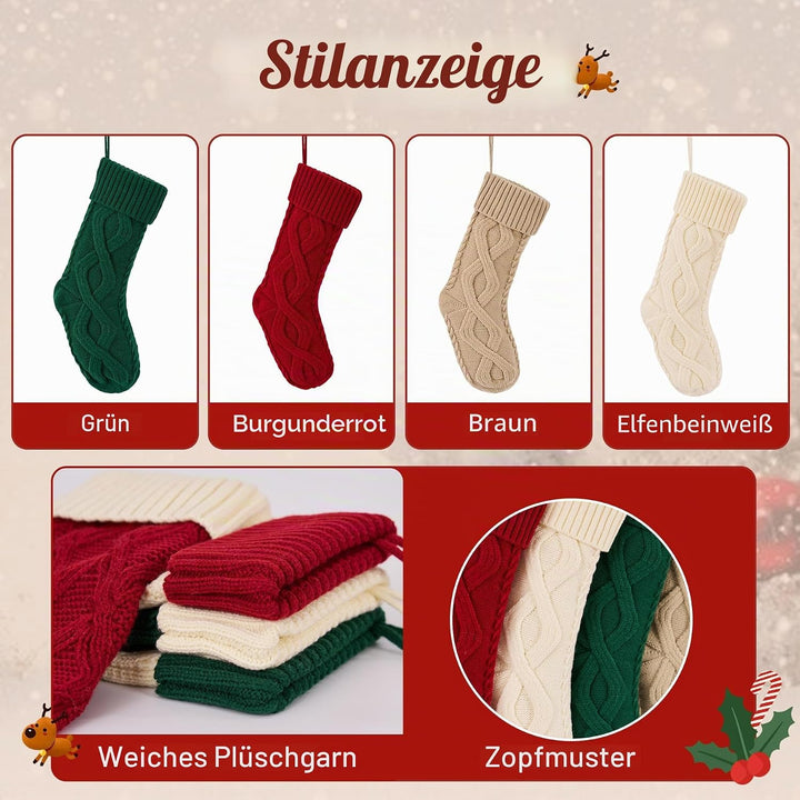 Weihnachtsstrümpfe, 4 Stück, gestrickt, Burgunderrot, Grün, Familien-Ornament, Strümpfe, Kamin, Weih