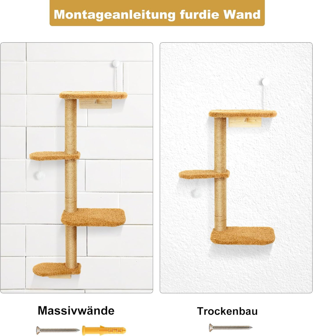 Wandmontierter Kratzenbaum 125cm, Katzenkratzbaum Wand 4 Etagen aus Natürliches Holz mit Sanftem Bra