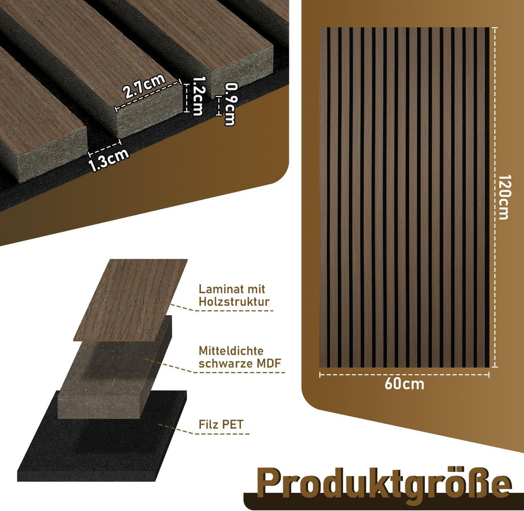 3x Akustikpaneele Holz 120x60 cm, Schallabsorbierende Wandverkleidung mit Holzfurnier & Filz – Moder