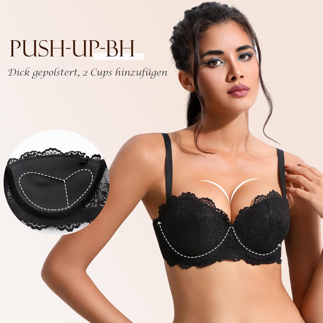 YANDW Trägerloser Stark Gepolsterter Push Up Spitzen BH mit Multiway Transparenten Trägern Trägerlos