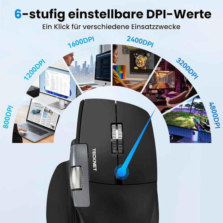 TECKNET Bluetooth Kabellose Maus, Turbo Scrollrad und Seitliches Mausrad Schwarz Mittel bis gross, S