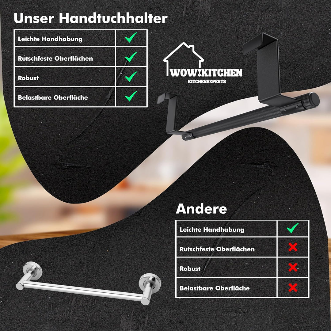 Wow!Kitchen® Handtuchhalter ohne Bohren, Handtuchhalter Schwarz, Stilvoller Edelstahl Handtuchhalter