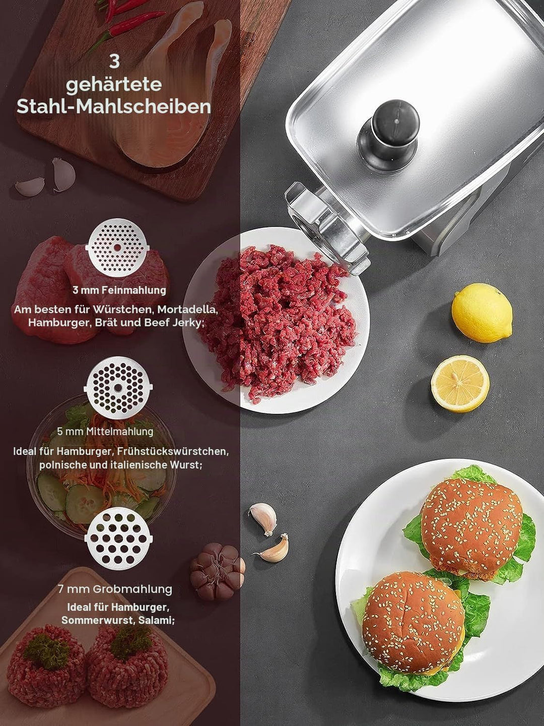 Fleischwolf 9in1 | 2100W | 3 Lochscheiben | Reverse-Funktion | Wurstaufsatz | Spritzgebäckaufsatz |