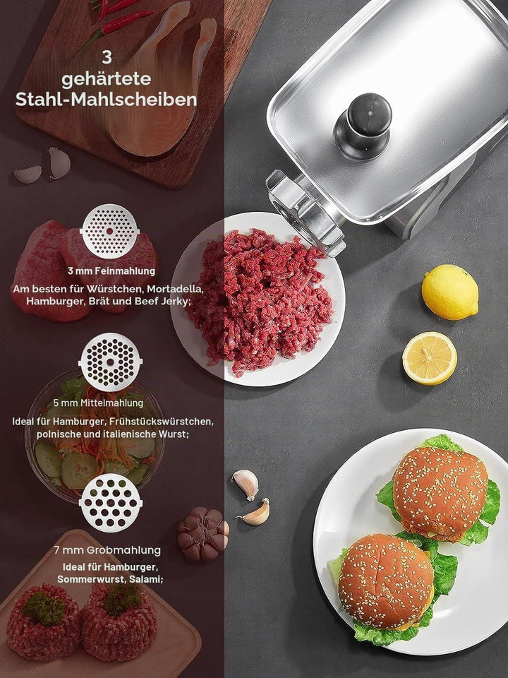Fleischwolf 9in1 | 2100W | 3 Lochscheiben | Reverse-Funktion | Wurstaufsatz | Spritzgebäckaufsatz |