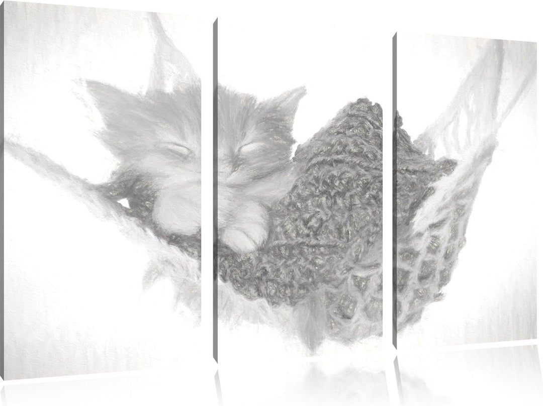 Pixxprint Schlafendes Katzenbaby in Hängematte Kohle Zeichnung Effekt 3-Teiler Leinwandbild 120x80 B