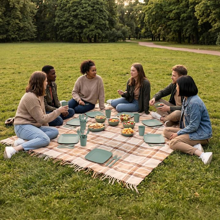 Campinggeschirr im Behälter, 32-teilig, für Picknick und Reisen Grün, Grün