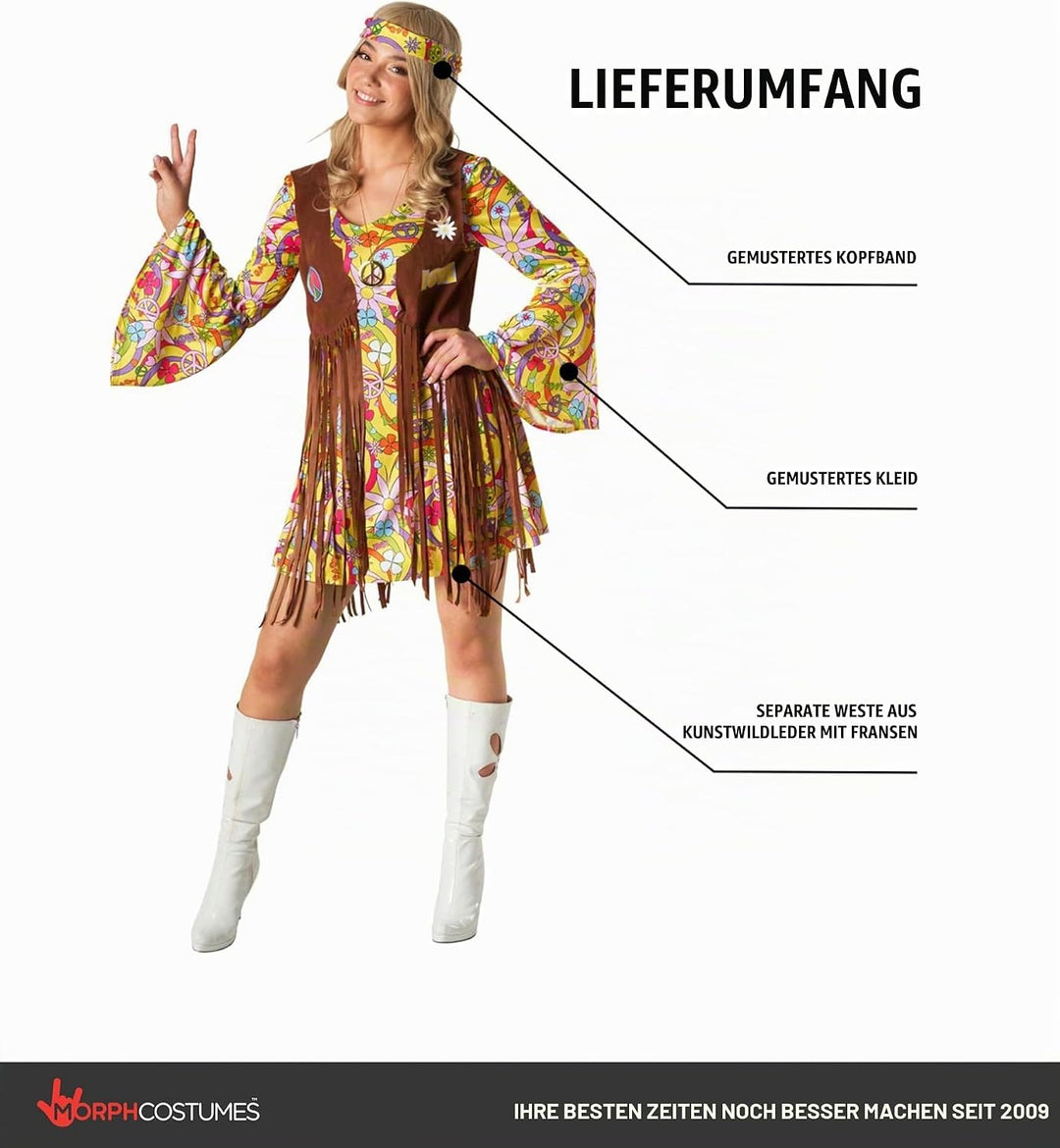 Morph Hippie Kostüm Damen Kleid, Hippie Damen Kleid, 70er Jahre Kostüm Damen, 70er Kostüm Damen, Hip