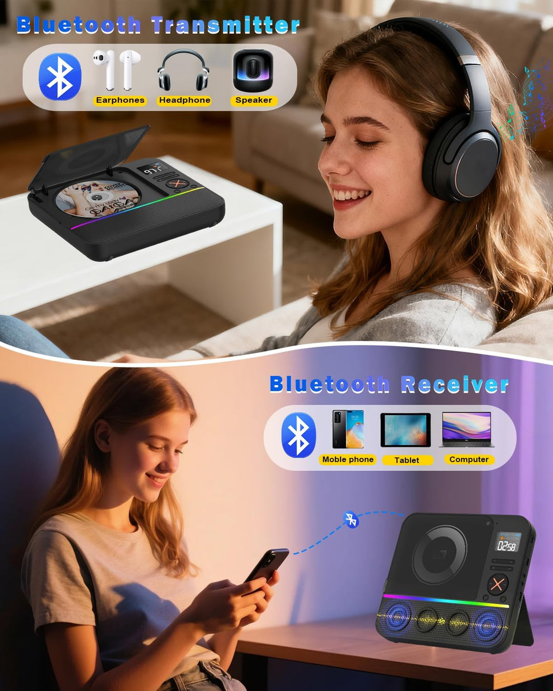 Tragbarer CD Player Bluetooth, Boombox Desktop CD-Player mit Bluetooth FM-Radio und RGB LED-Anzeige