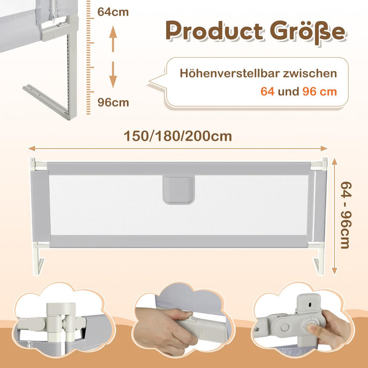 Ikodm 2X 150cm Bettgitter für Kinder, Bettschutzgitter Höhenverstellbar von 64-96cm, Rausfallschutz