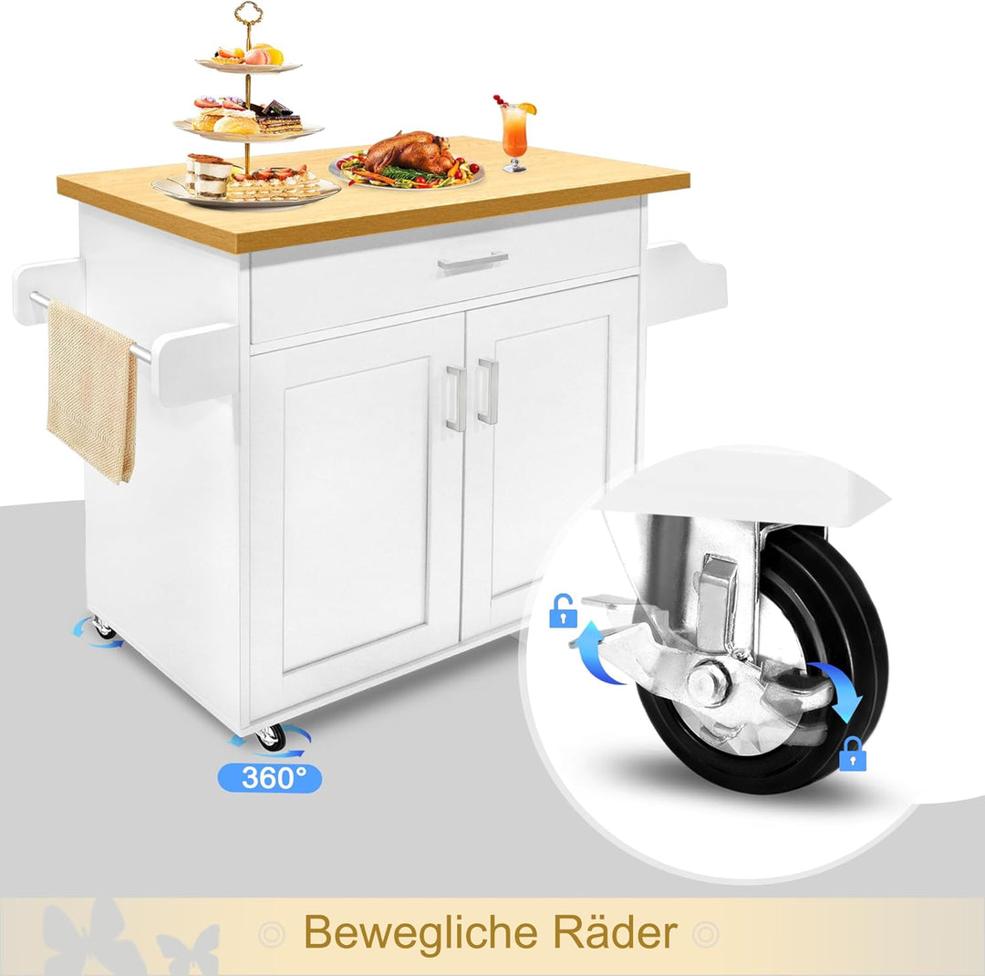 HENGMEI Küchenwagen, Kücheninsel Küchen Wagen mit Rollen, 1 Schubladen, 2 Ebenen Schrank, mit Handtu