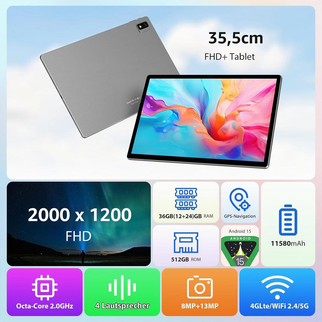 2K Android 15 Tablet 14 Zoll, 36GB RAM, 512GB ROM (2TB Erweiterung), 4G SIM LTE &amp; 5G WiFi, 2000 * 12