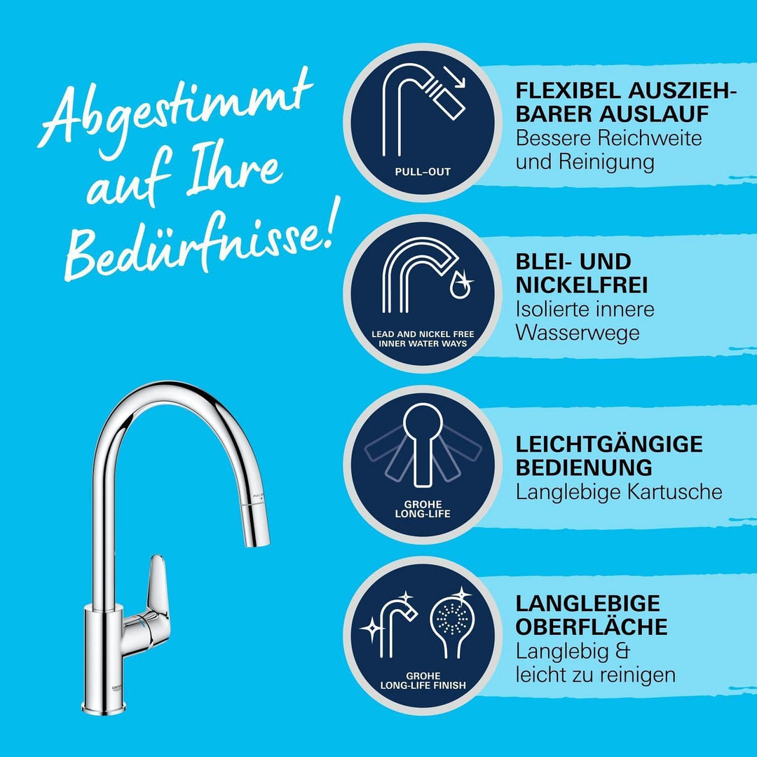 GROHE StartCurve - Einhand- Spültischarmatur (hoher Auslauf, herausziehbare Mousseurbrause, Schwenkb