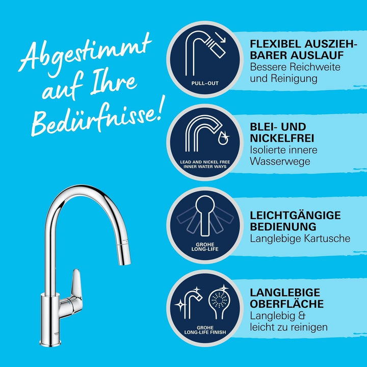 GROHE StartCurve - Einhand- Spültischarmatur (hoher Auslauf, herausziehbare Mousseurbrause, Schwenkb