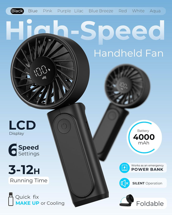 Peiyuu Handventilator, Tragbarer Mini Ventilator mit 4000 mAh, LED-Display Handventilator mit 6 Gesc