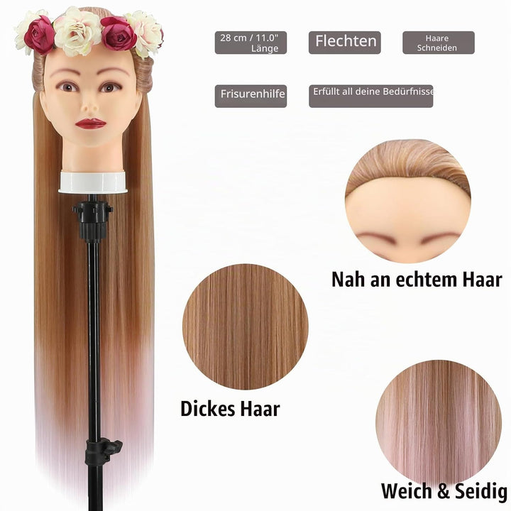 Trainingsköpfe, 28 Zoll Frisierkopf für Friseure, 100% Kunstfaser Haar Übungskopf, mit DIY Strickset