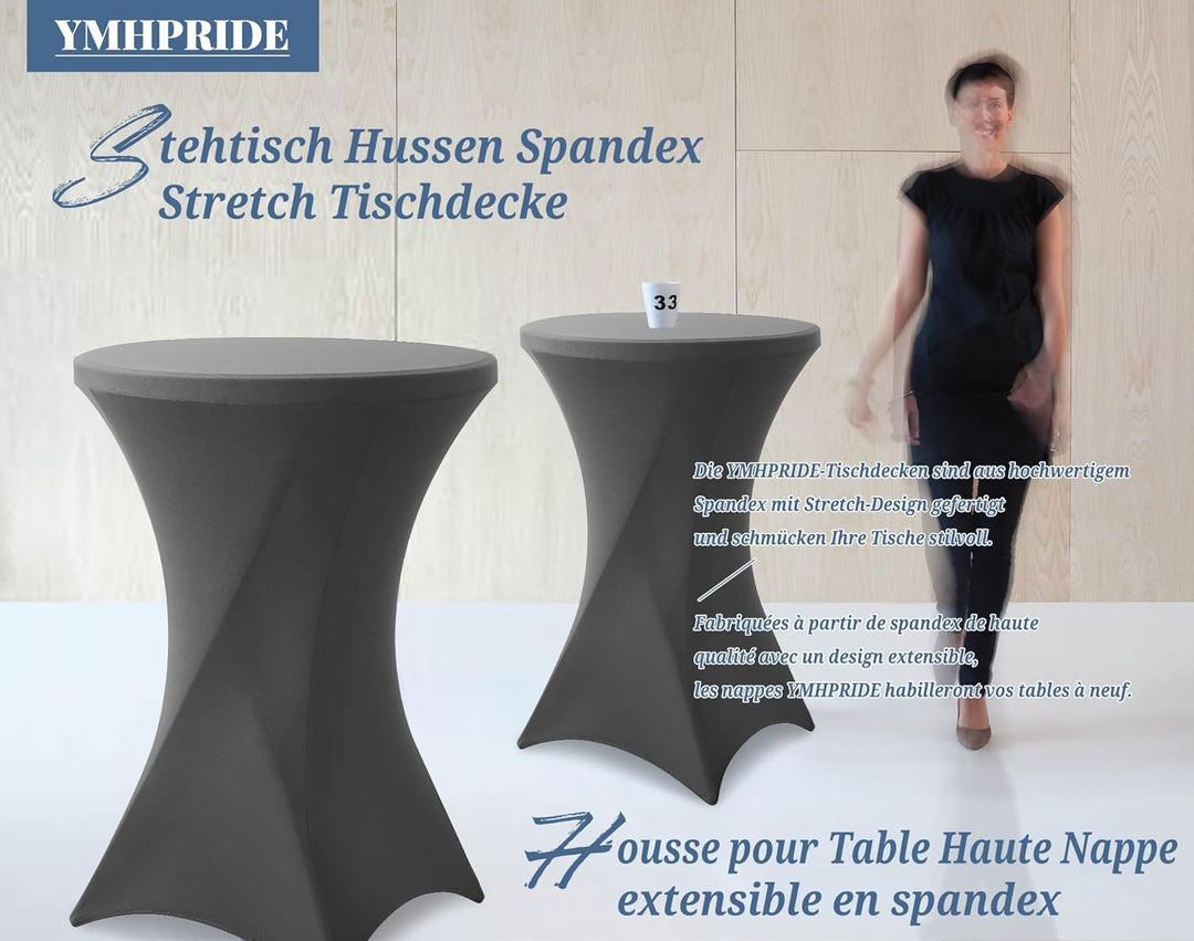 6er-Set Grau Stretch Stehtisch Husse für Bistrotisch Ø60-65 cm Spandex Stretch Tischdecke, Verstärku
