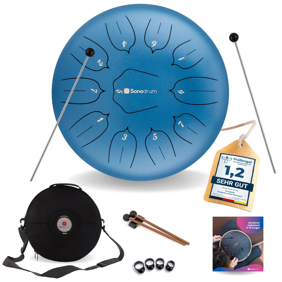 Sonodrum Zungentrommel "Standard 30cm D-Dur" in Blau - Tongue Drum inkl. Schlägel, gratis Liederbuch