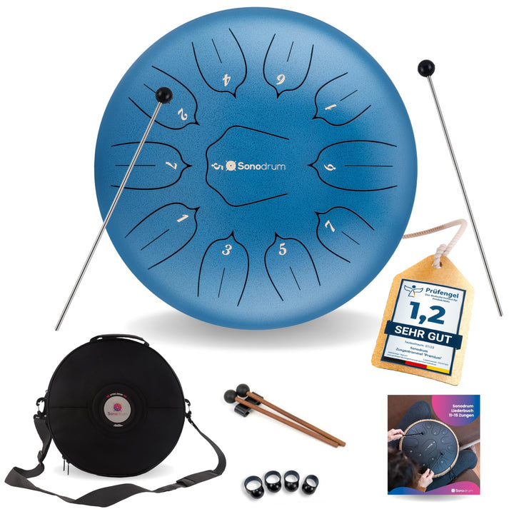 Sonodrum Zungentrommel "Standard 30cm D-Dur" in Blau - Tongue Drum inkl. Schlägel, gratis Liederbuch