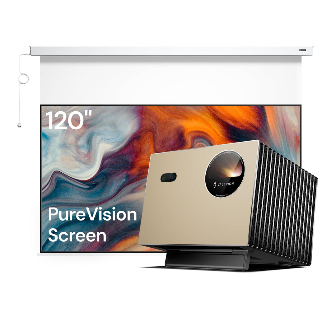 Anti-Speckle Valerion VisionMaster Pro 4K Triple-Laser-Projektor Bundle mit 120" motorisierter Leinw