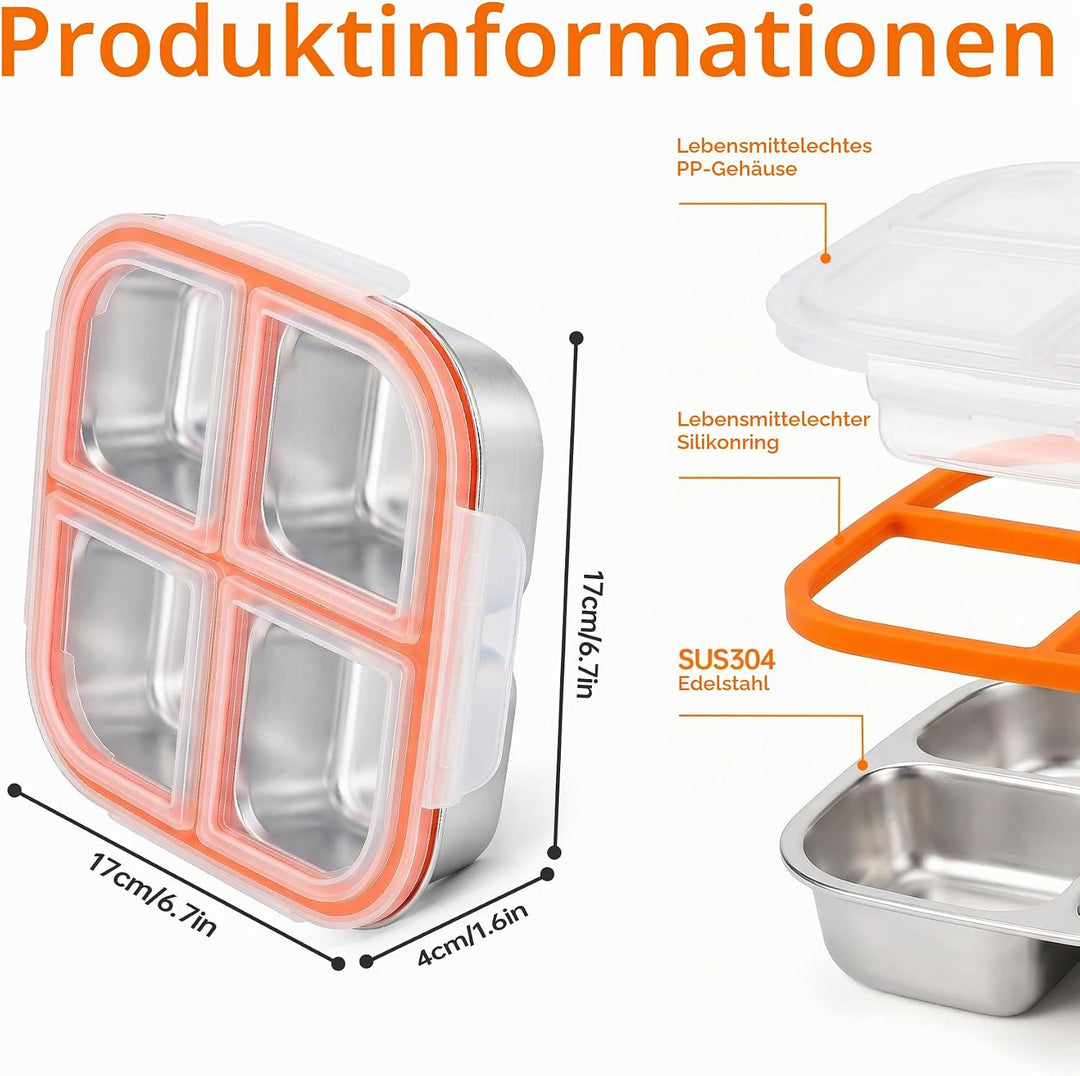 CSYY 2 Stück Edelstahl Snackboxen, 4 Fächern Lunchbox Wiederverwendbare Snack Behälter Leckdichte Be