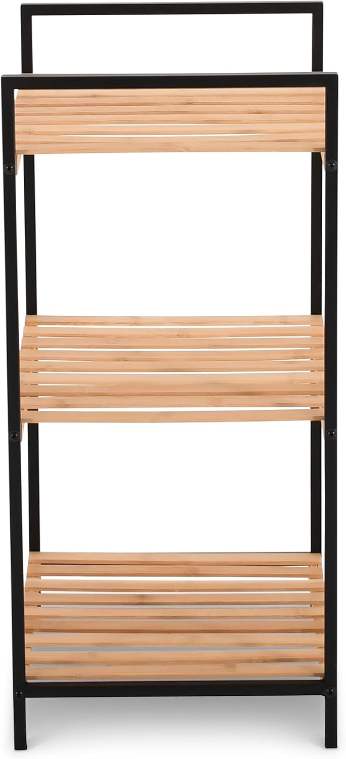 Raburg Kava Standregal, 3 Böden, Metall/Bambus, Schwarz/Holz | 3 Böden, Bambus, Metallrahmen, für Ba