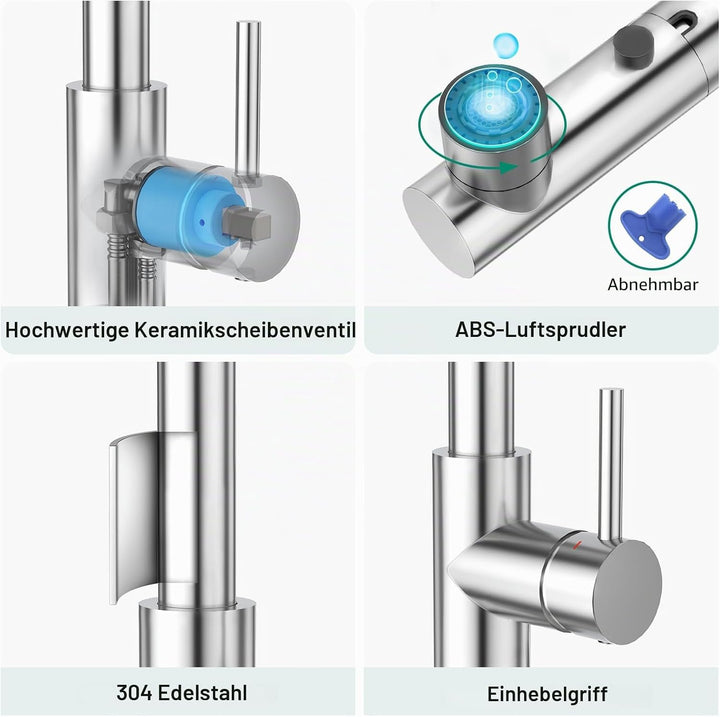 CREA Wasserhahn Küche mit 3 Funktionen Brause, Küchenarmatur mit Ausziehbarem Brause, Mischbatterie