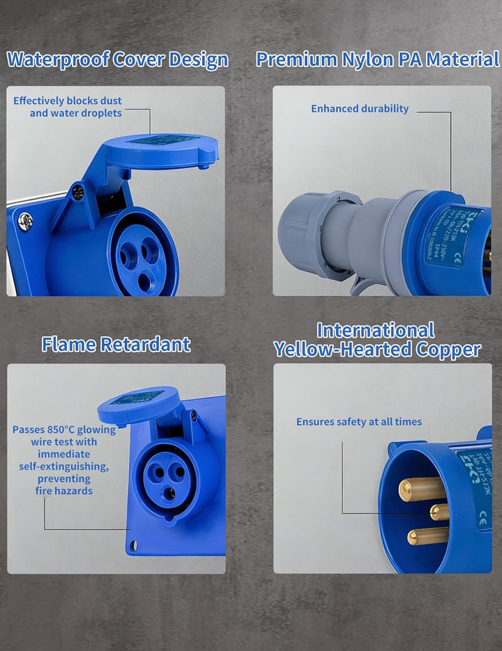 32A auf 16A Adapter, 2-Wege-Anschluss, 2 x 16A Steckdosen IP44 Schutz CEE Adapter für Wohnwagen, Woh