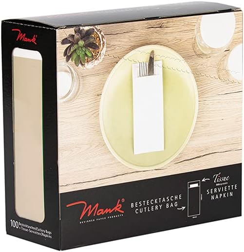 Mank Bestecktasche | 85 x 200 mm | mit 2-lagiger Tissue-Serviette in Weiss | Besteckhülle | Besteckb