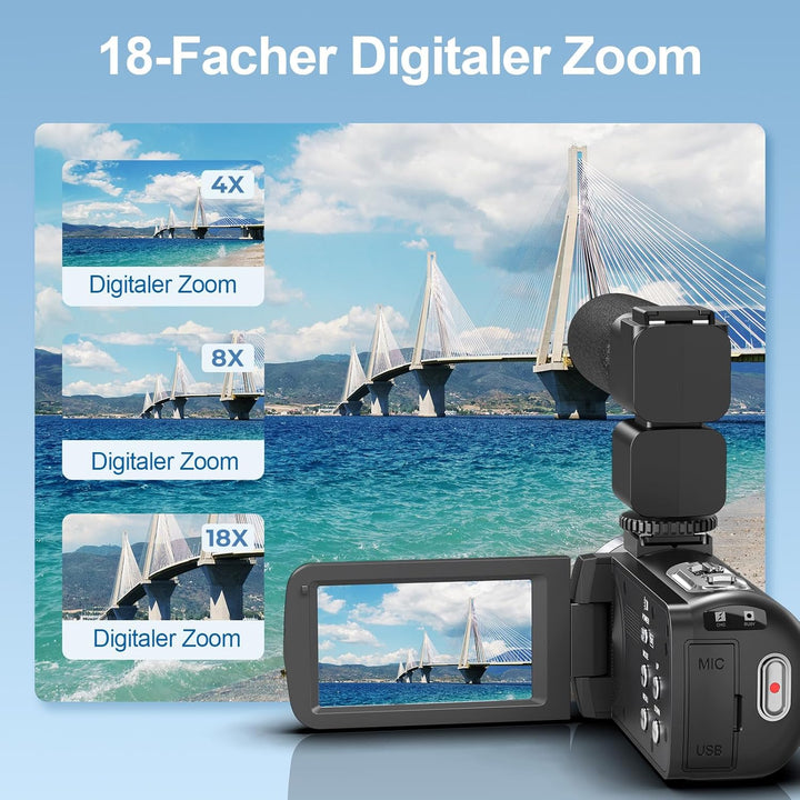 Videokamera 4K Camcorder, HD 80MP 30FPS IR Nachtversion Vlogging Kamera, 3.0-Zoll IPS Bildschirm 18X