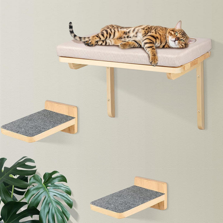 Kletterwand Katzen, Katzen Wandliege mit 2 Treppen, 40x30cm Liegefläche, Abnehmbarer Bezug, Holzrahm
