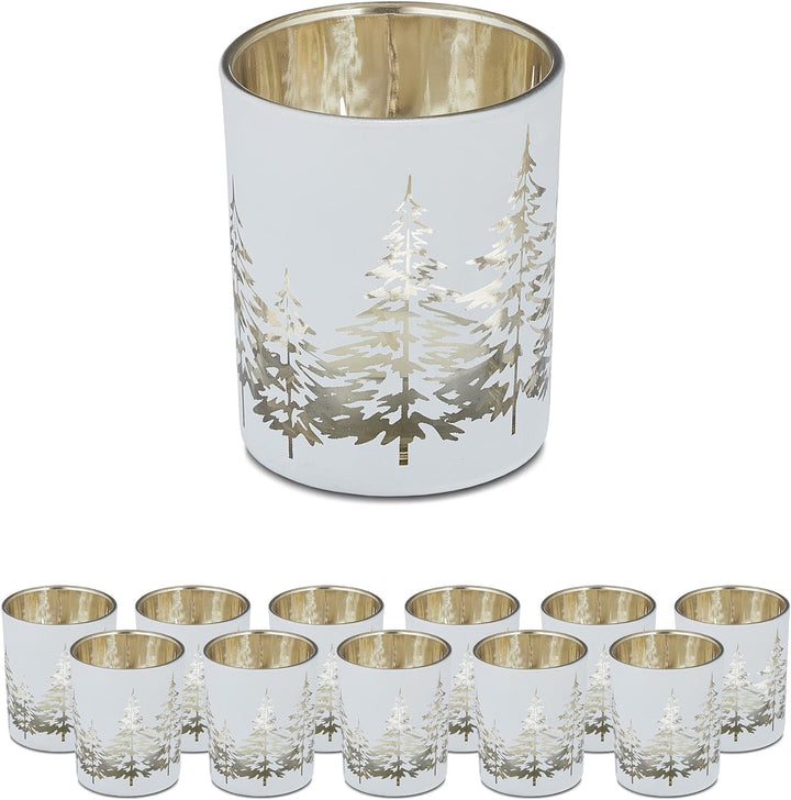 Relaxdays Teelichthalter im 12er Set, mit Tannenbaum-Motiv, HxD: 8,5 x 7 cm, Weihnachts-Windlicht au
