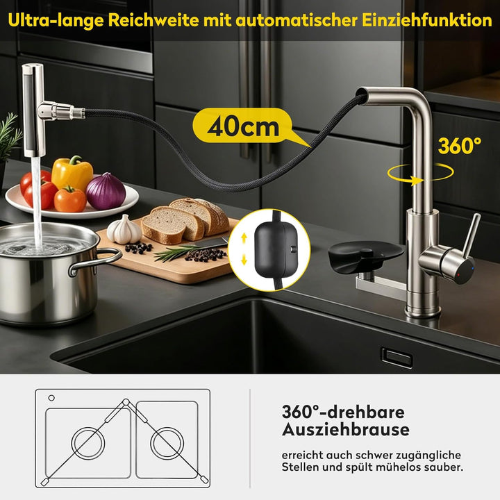 JONKEAN Hochdruck Küchenarmatur mit Brause, Armatur Küche mit Gläserspüler, 360° Drehbar Mischbatter