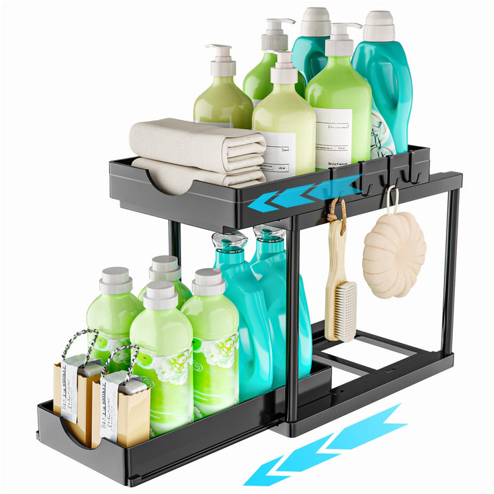 ARSTPEOE Küchen Organizer - Unter Waschbecken Regal - 2 Etagen Schrank Organizer mit 4 Haken, Schubl