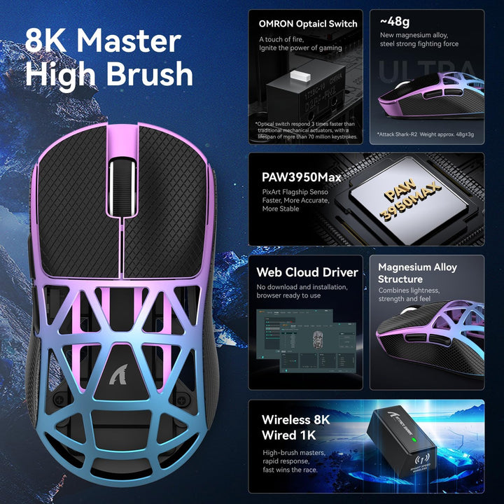 ATTACK SHARK R2 Gaming-Maus aus Magnesium, PixArt PAW3950 Sensor, kabellos, 8K, 48g, superleicht, BT