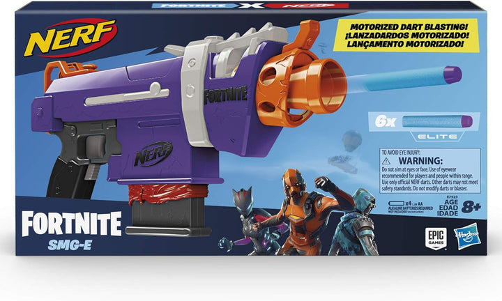 NERF Fortnite SMG-E Blaster -- Motorized Dart Blasting -- 6-Dart Clip, 6 Official Elite Darts -- for
