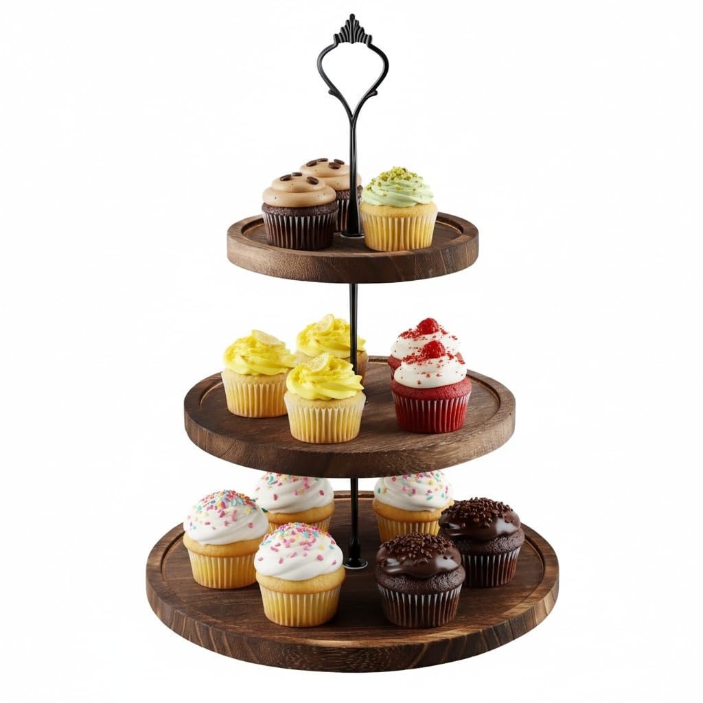 Etagere 3 Etagen aus Holz, Rundes Tortenständer mit Metallgriff, Cupcake Ständer 3-stöckig, Serviers