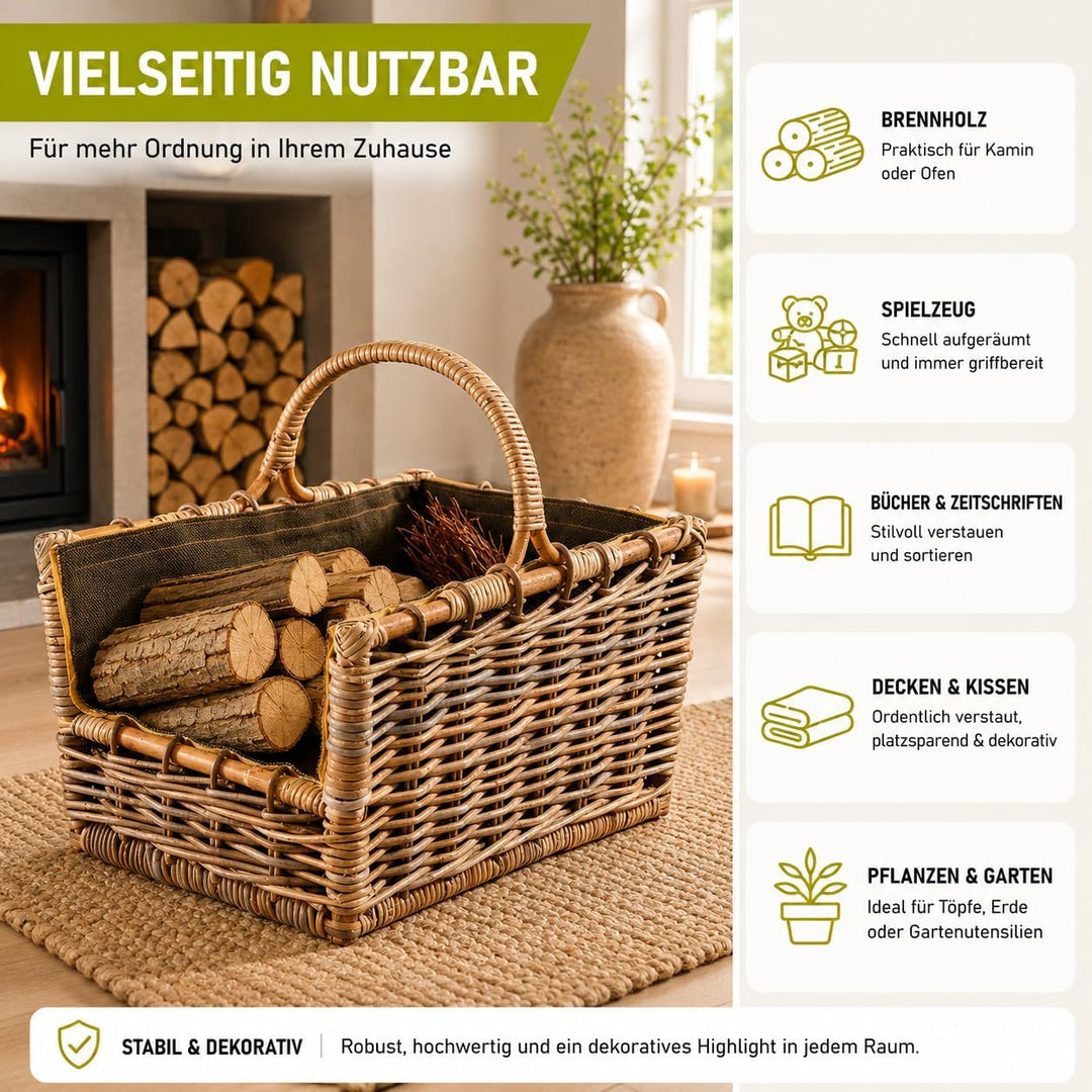Kobolo Kaminholzkorb Holztrage für Kaminholz -Rattan grau abnehmbarer Textileinsatz in