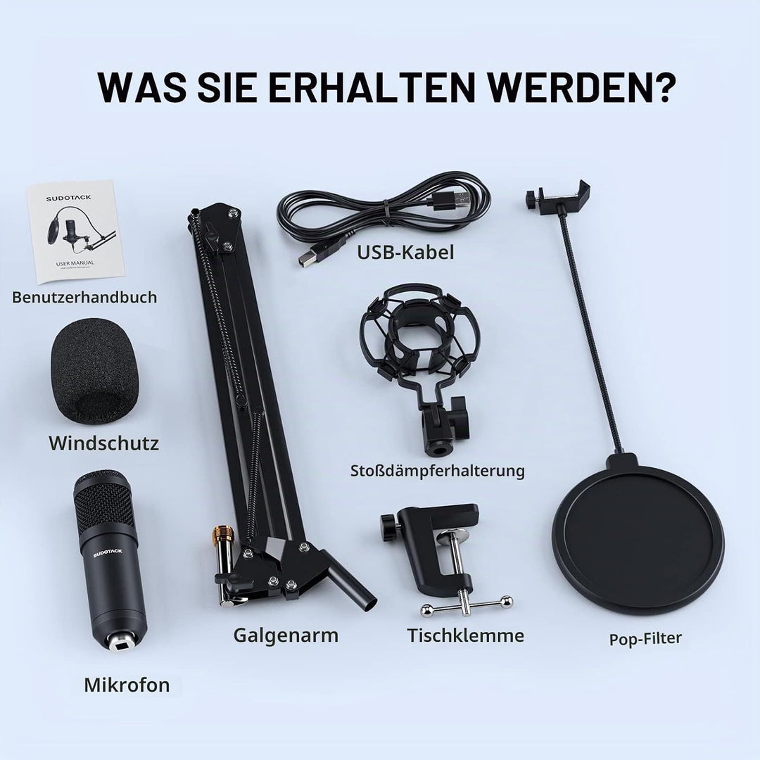 SUDOTACK USB Gaming Mikrofon, Professionelles Mikrofon PC Kondensator mit Arm, Popfilter, Mikrofonsp