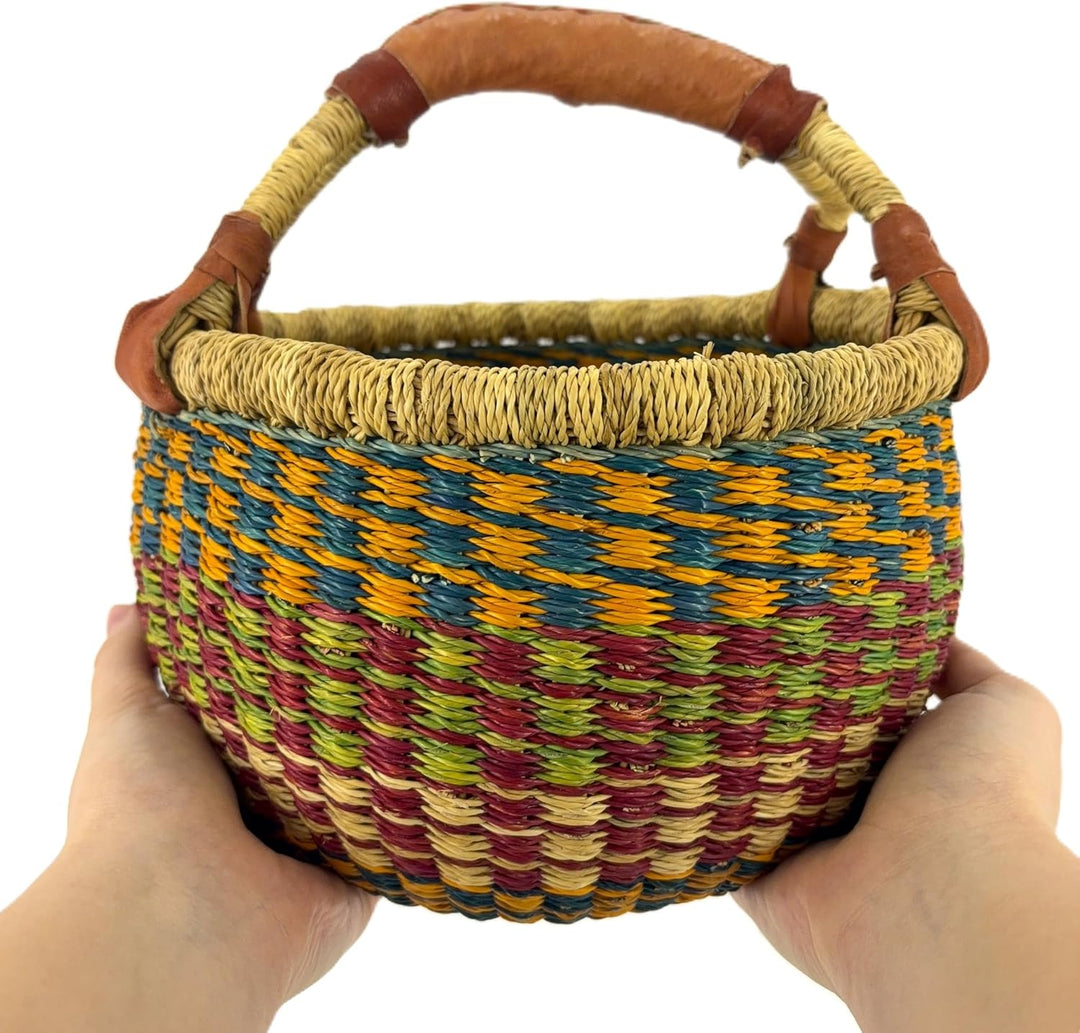 Kleiner Bolga Rundkorb Korb Original Afrika Ghana Einkaufskorb Ledergriff Fair Trade Ca : 20cm