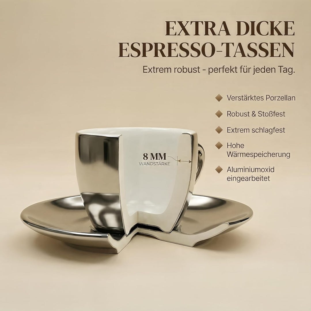 6x Espressotassen | Silber Chrome | Italian Style | dickwandig &amp; schwer | Espresso 6er Set mit Unter
