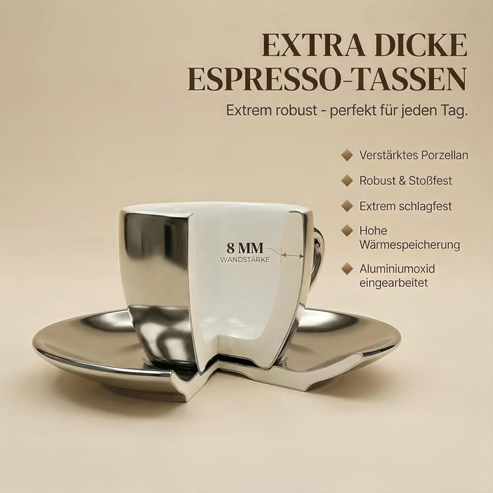 6x Espressotassen | Silber Chrome | Italian Style | dickwandig &amp; schwer | Espresso 6er Set mit Unter