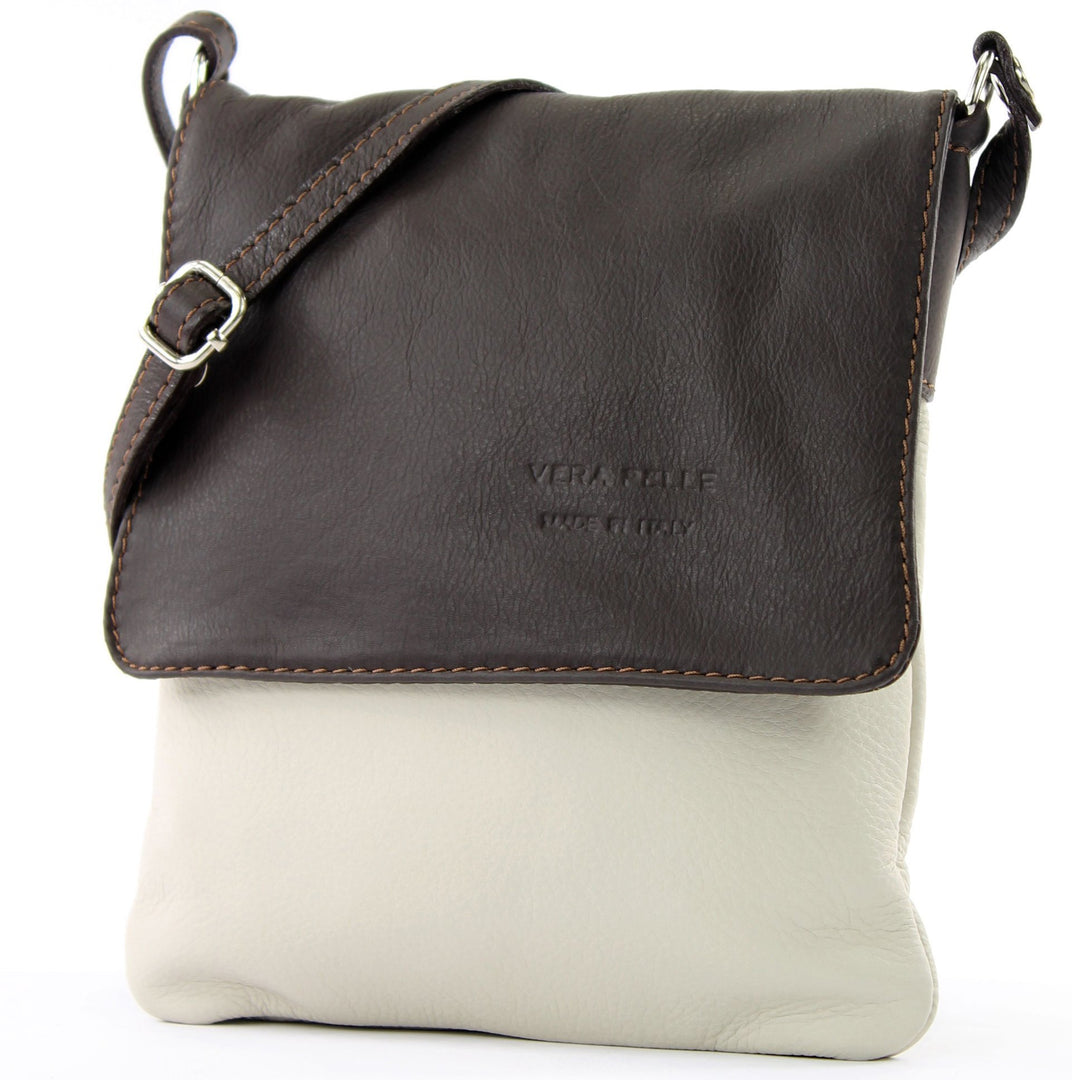 modamoda de - T34 - ital Damen Umhängetasche Schultertasche Klein Creme/Dunkelbraun, Creme/Dunkelbra