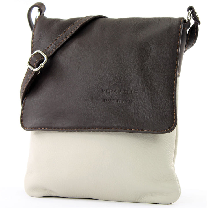 modamoda de - T34 - ital Damen Umhängetasche Schultertasche Klein Creme/Dunkelbraun, Creme/Dunkelbra