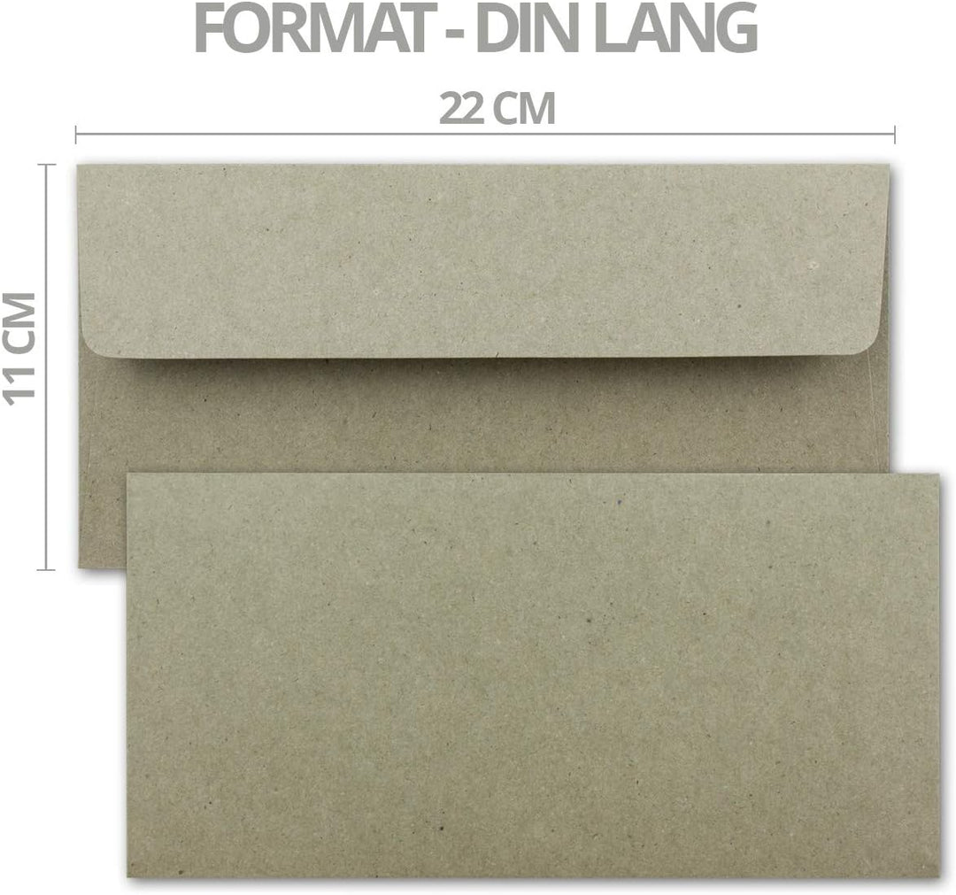 200x Kraftpapier Umschläge DIN Lang - Grau ÖKO - Haftklebung 11 x 22 cm - 120 g/m² breite Lasche - V