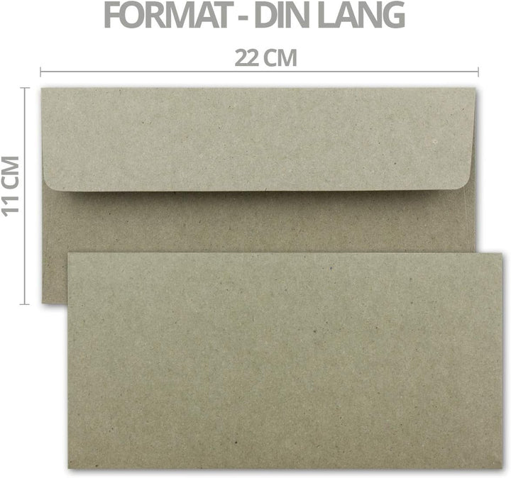 200x Kraftpapier Umschläge DIN Lang - Grau ÖKO - Haftklebung 11 x 22 cm - 120 g/m² breite Lasche - V