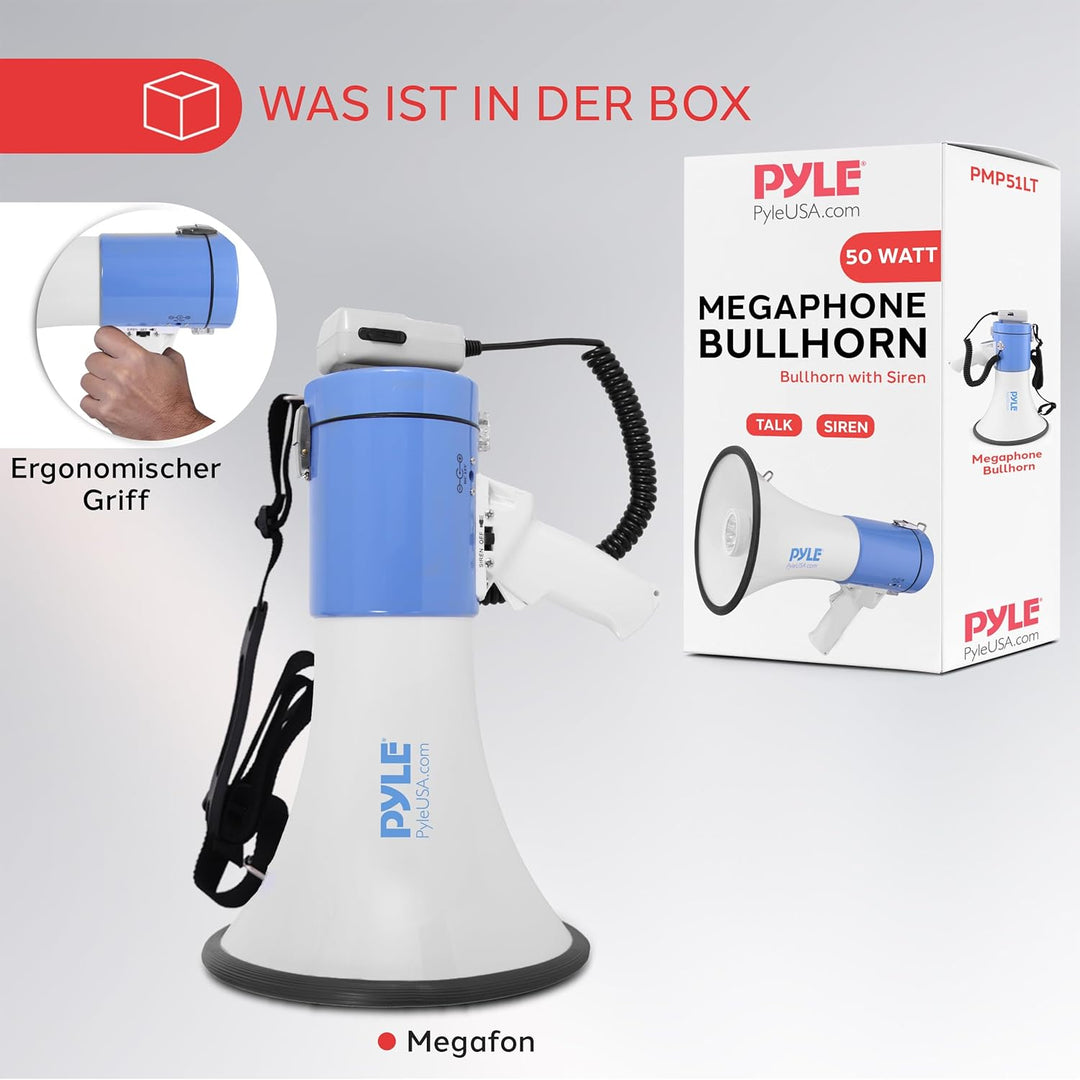 50 Watt Megafon von Pyle - Voice Holder mit integrierter Sirene und LED-Lampe - einstellbare Lautstä