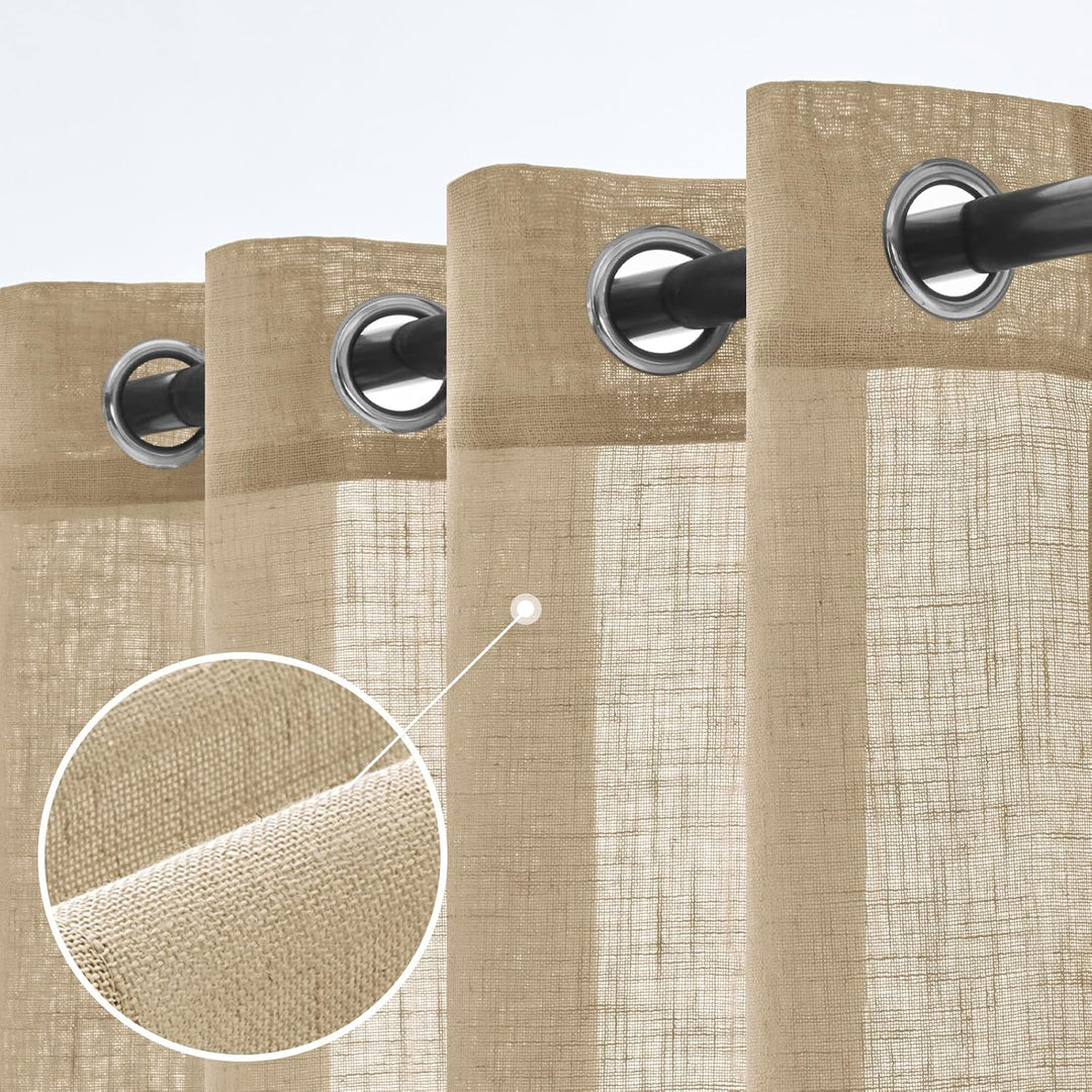 Woaboy Leinen Gardinen Beige Vorhänge Wohnzimmer Halbtransparent mit Ösen Stores Gardine Leinenoptik