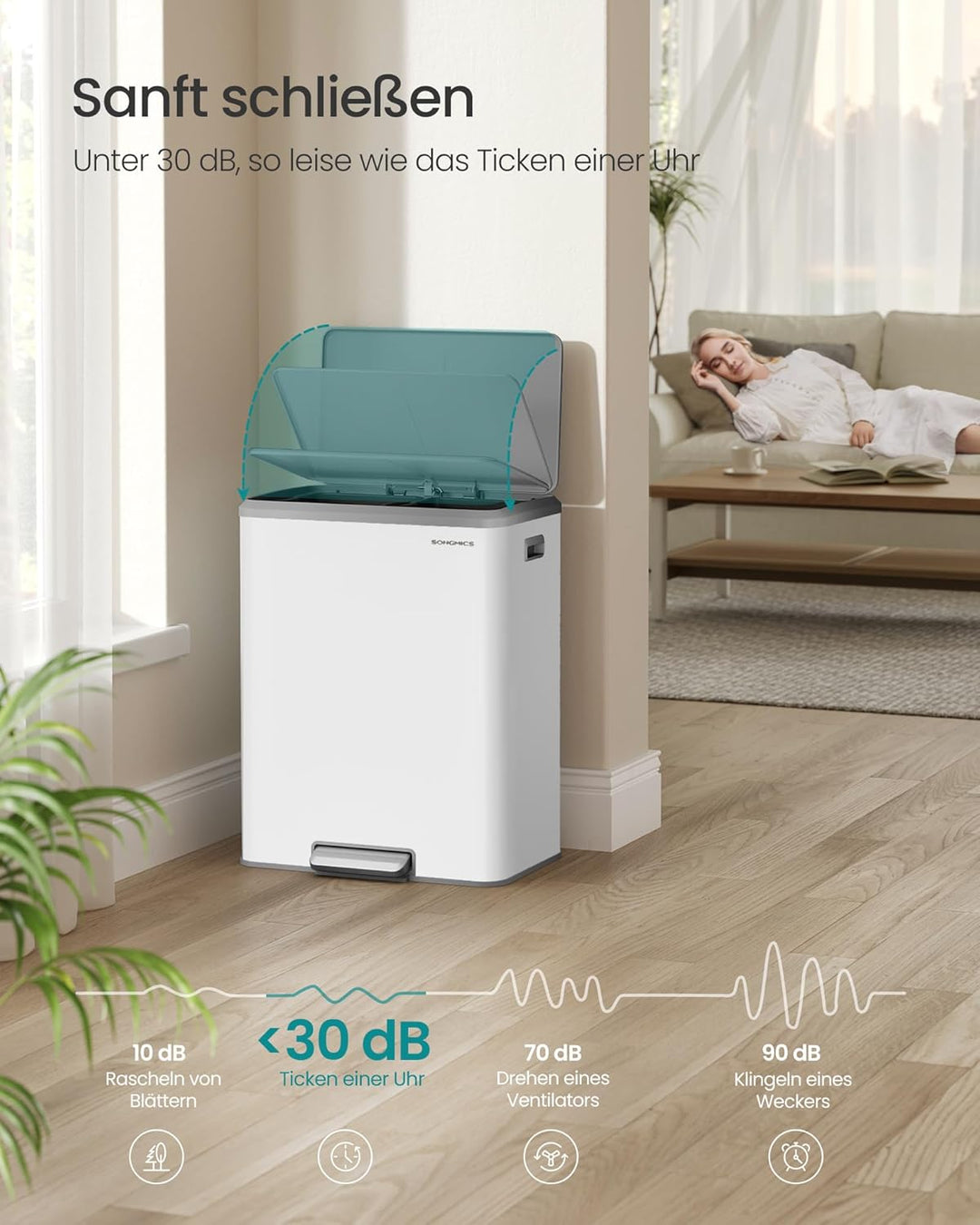 SONGMICS Mülleimer Küche, Mülltrennsystem 2 x 30 L, 2 Fächer für Recycling und Restmüll, Abfalleimer