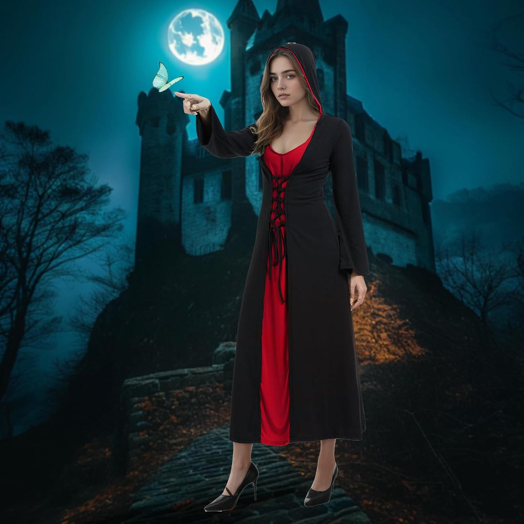 FSUJWOA Frauen Halloween Kostüme für Erwachsene mittelalterlich Kapuze Maxi Kleid für Frauen Mode Ro